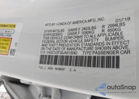 2018 Honda Accord Sport 2.0T from USA, damaged, VIN 1HGCV2F30JA015042